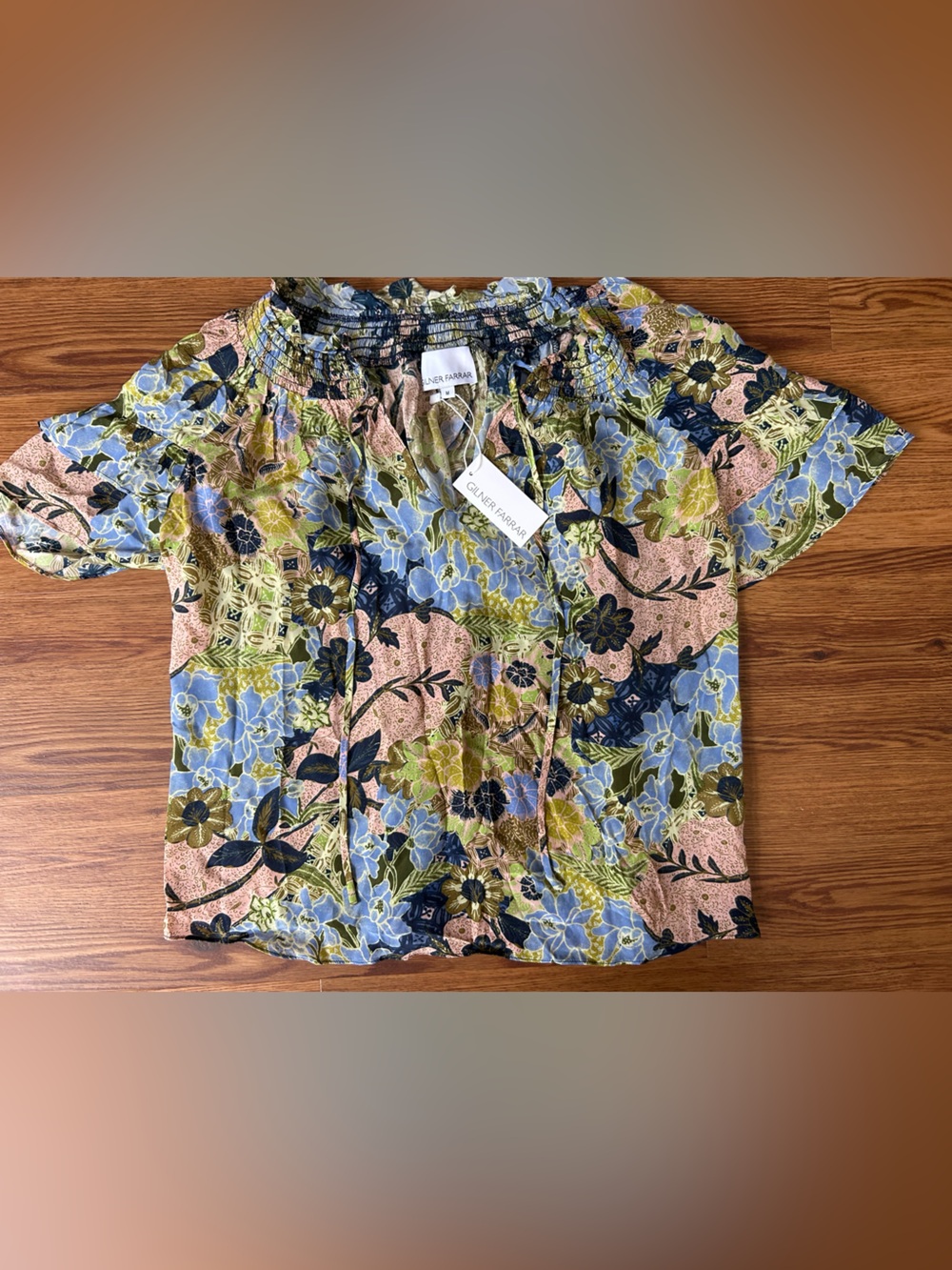 Gilner Farra Floral Smocked-Neck Blouse in Blue, Olive & Pink